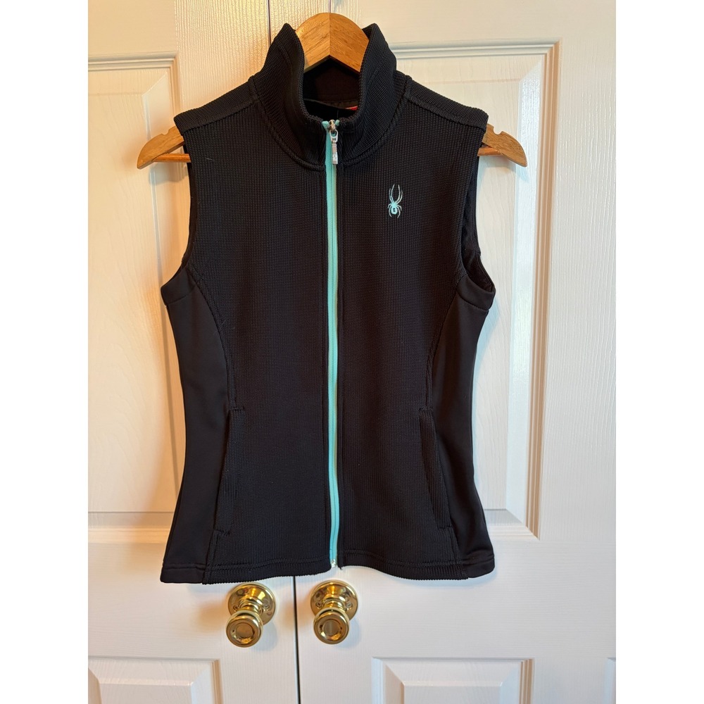 Spyder Womens Full Zip Waffle Knit Vest Black Aqua Blue Logo Size Medium